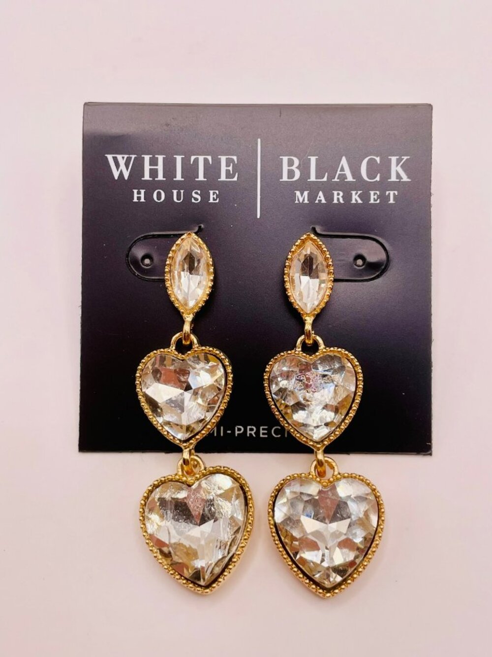 New White House Black Market Gold-Tone Heart Drop Earrings Clear Crystals -101B
